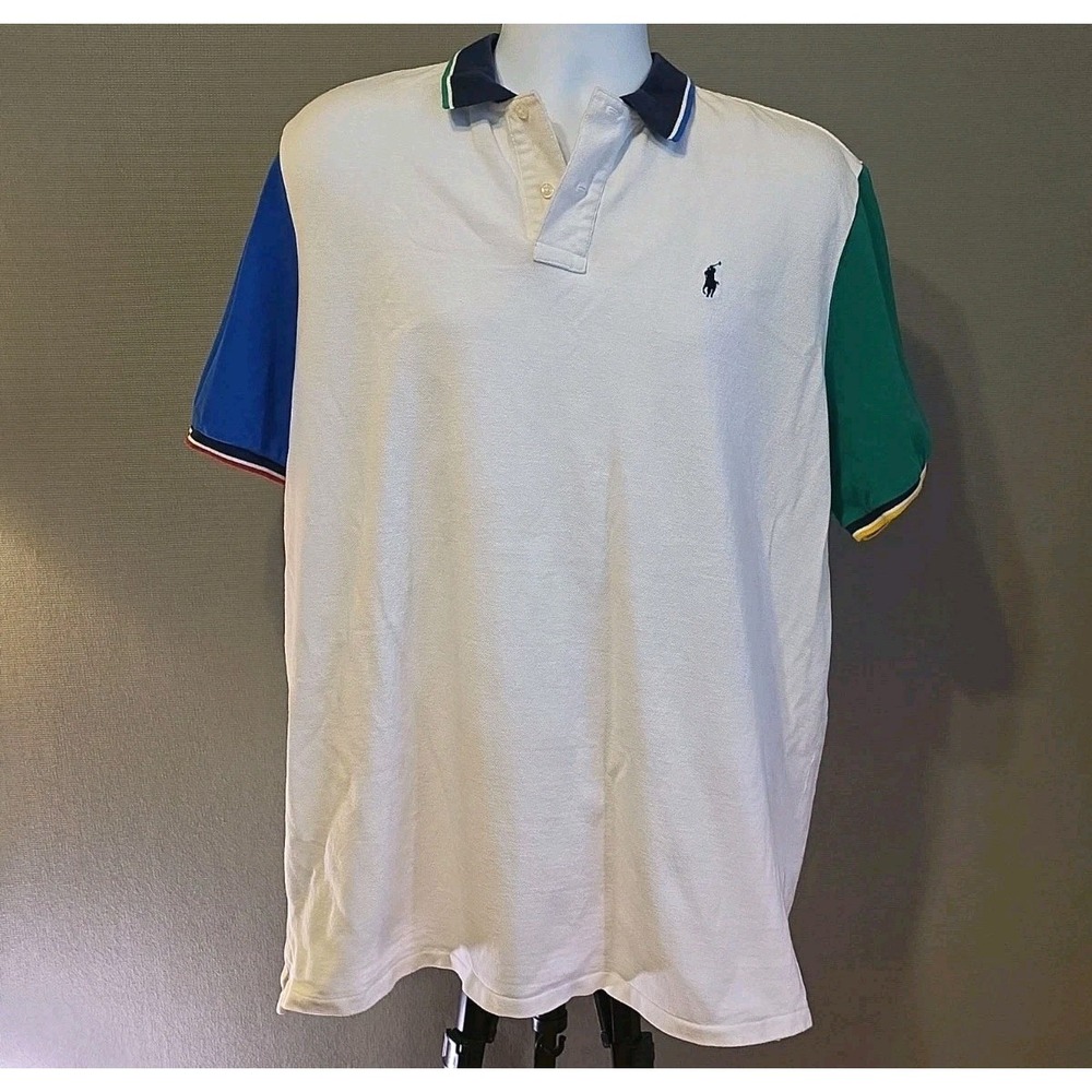 Polo Ralph Lauren Polo Shirt Men's XXL White Blue‎ Green Colorblock Classic TTG